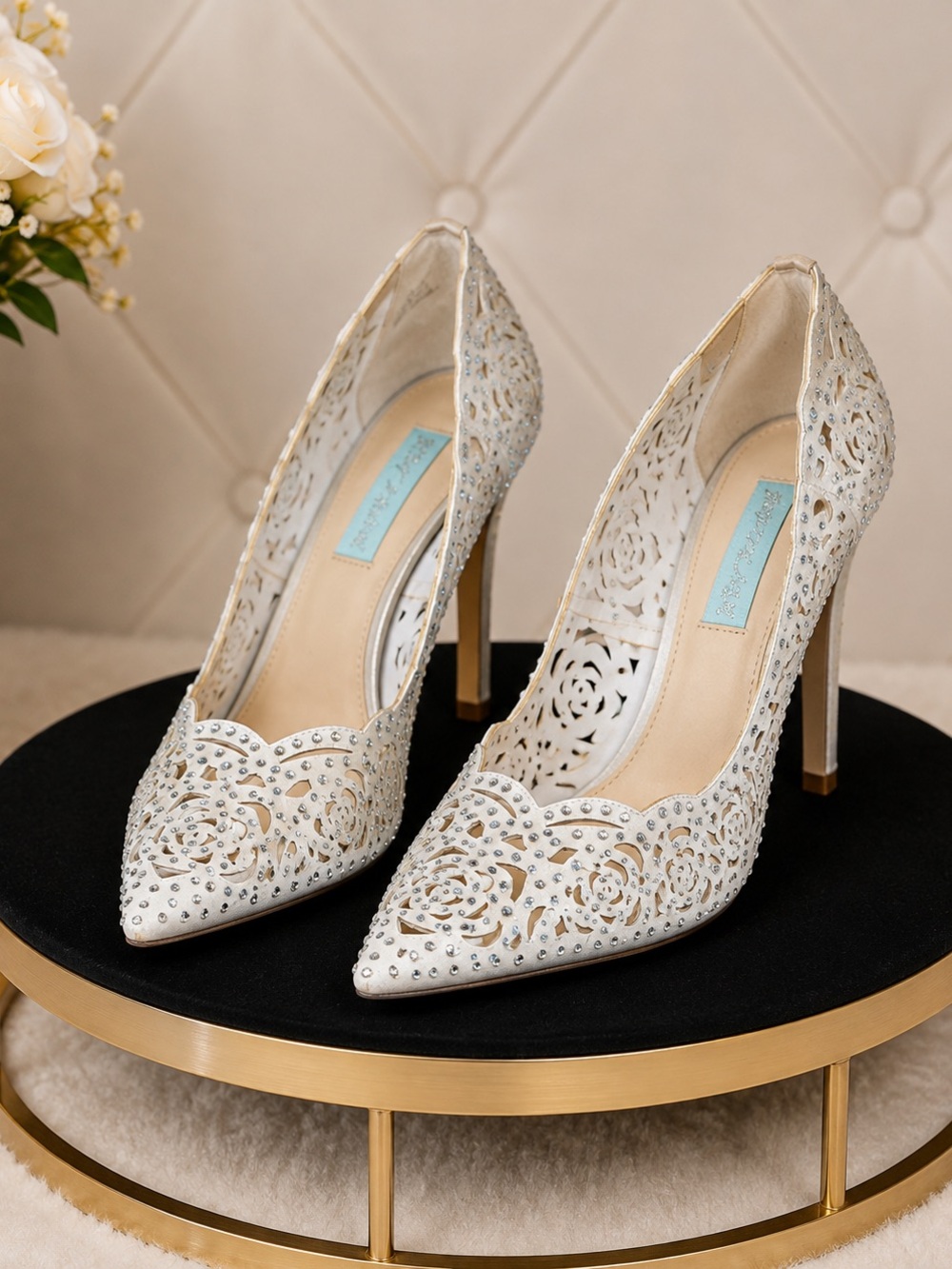 Betsey Johnson White Laser-Cut Crystal Pointed Toe Pumps
